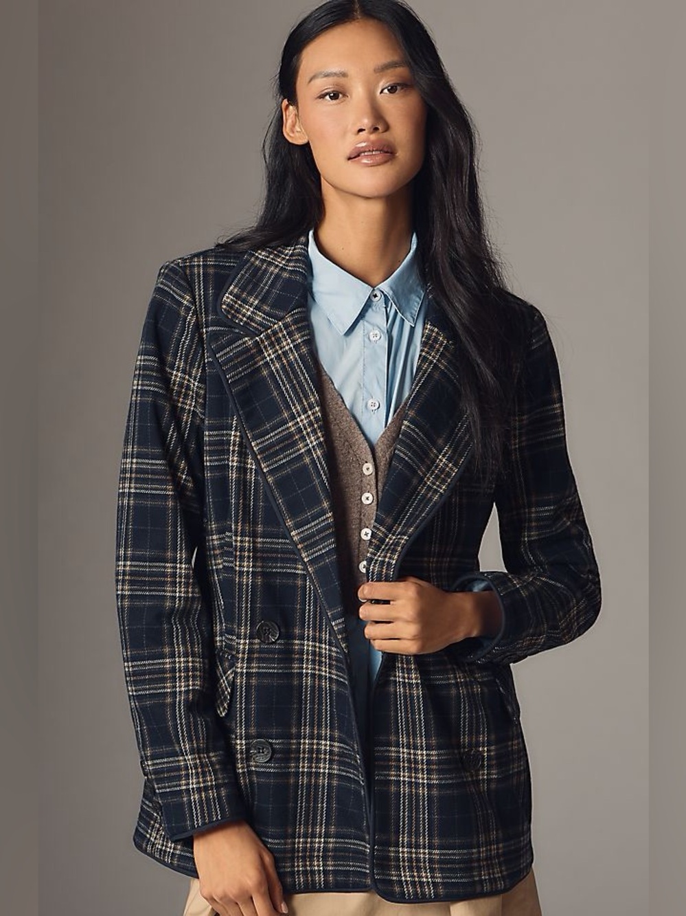 Avec Les Filles x Anthropologie Navy Plaid Double-Breasted Knit Blazer